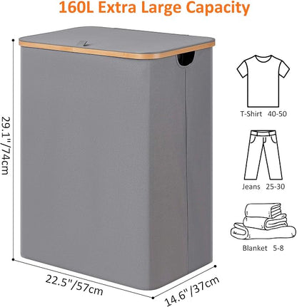 efluky Laundry Hamper with Lid, Trio Laundry Basket with 2 Removable Bags, 3 Section Laundry Bin with Bamboo Handles for Bathroom, Bedroom & Laundry Room, 160L (42.3 Gallon) Silver Grey
