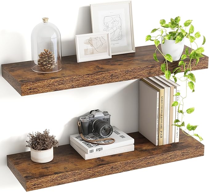 Acovy 24 Inch Floating Shelves, 8 Inch Deep Floating Shelves for Wall, Hanging Shelf with Invisible Brackets, Deep Shelves for Bathroom, Bedroom, Living Room, Brown, Set of 2