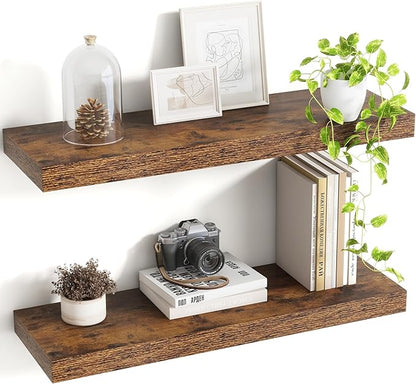 Acovy 24 Inch Floating Shelves, 8 Inch Deep Floating Shelves for Wall, Hanging Shelf with Invisible Brackets, Deep Shelves for Bathroom, Bedroom, Living Room, Brown, Set of 2