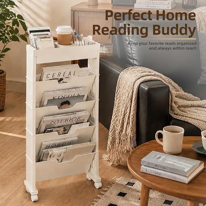SDLP 5-Tier Rolling Bookshelf, Rolling Book carts with Wheels,Book Storage Rack,Utility Carts, Movable File Folder Organizer Cart for Home,Study,Office,Living Room,Classroom, (White, 5 Tier)