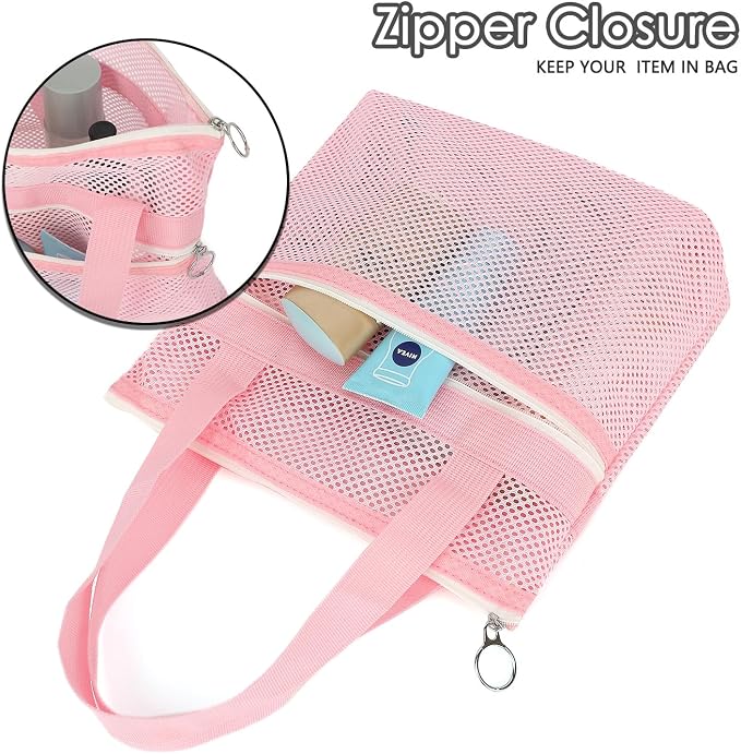 GYEUKHAM Portable Mesh Shower Caddy with 2 Zipper Pockets & Dual Handles, Quick-Drying Hanging Shower Tote for College Dorm, Gym, Travel & Camping, Pink