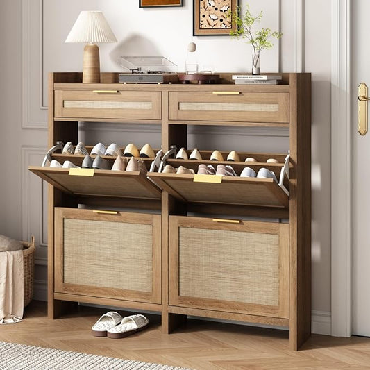 HOKYHOKY Large Rattan Shoe Storage Cabinet with 4 Flip Drawers & 2 Storages–Hidden Slim Shoe Organizer for Entryway, Large Tabletop Space, Farmhouse Boho Narrow Shoe Rack, Rustic Oak