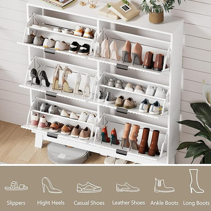 Shoe Cabinet Storage for Entryway with 6 Flip Drawers, Fluted Narrow Shoe Organizer with Wooden Legs, Freestanding Slim Shoe Storage Hidden Shoe Rack Organizer for Front Door Entrance, White