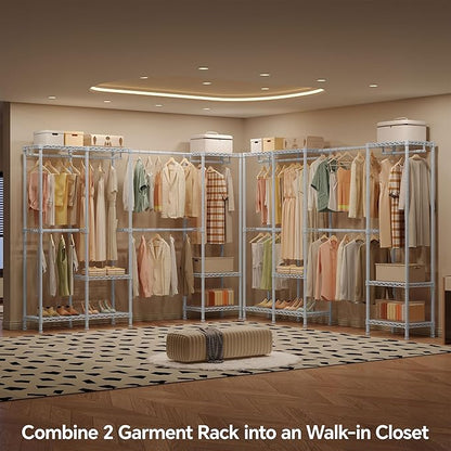 H7 Pro Heavy Duty Clothes Rack Large Garment Rack for Hanging Clothes, Freestanding Wardrobe Closet with Expandable Hanger Rods, Closet Organizer Storage, (79.1"-96.9") Lx15.7 Wx75.4 H, White