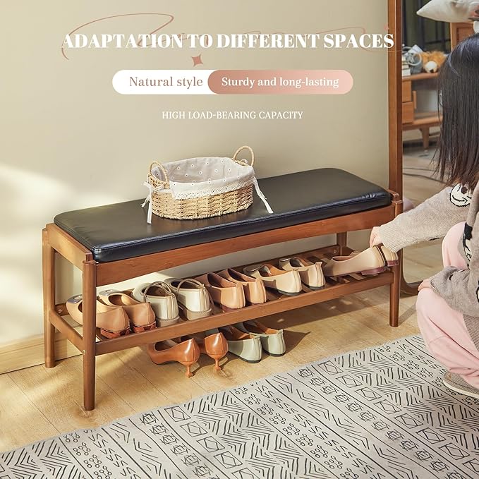 Shoe Rack Bench Entryway Bamboo Shoe Storage Bench with Leather Cushion 2 Tiers Shoe Rack Entryway Bench for Hallway, Living Room,Bedroom(Black Bench top+Brown Frame)