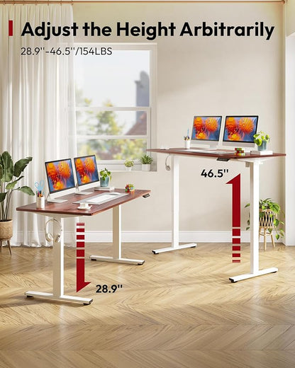 SANODESK Electric Standing Desk 55 x 28 Inches Whole-Piece Desktop Height Adjustable Stand Up Desk w/6-Button Controller Ergonomic Computer Desk for Home Office, White Frame + Mahogany Tabletop