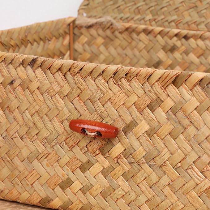 Wicker Shelf Baskets with Lid,Handwoven Seagrass Basket for Storage Basket Bins Rectangular Home Organizer Gift Boxes (Natural Set of 2)