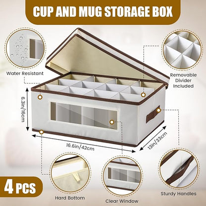 Uiifan 4 Pcs Mug Storage Box with Dividers 12 Compartment Stemware Storage Cases China Container Box with Lid, Handles, PVC Window for Moving, Beige