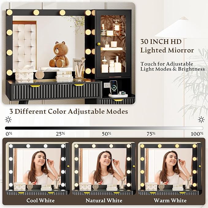 Vanity Desk with Mirror and Lights, 45" Fluted Makeup Vanity Desk with Lights &5 Drawers, Glass Top Vanitys with Lighted Mirror and RGB Cabinet, Dressing Table with Power Outlet for Bedroom, Black
