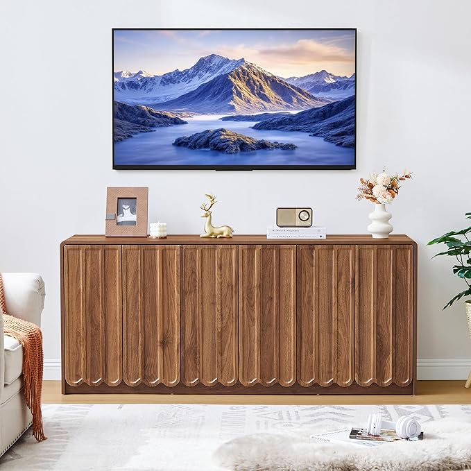 ORRD Sideboard Buffet Cabinet with Storage, Low Storage Cabinet Modern Wooden Accent Credenza Console Table TV Stand with 6 Wave Panel Doors for Kitchen Dining Living Room Entryway, Walnut