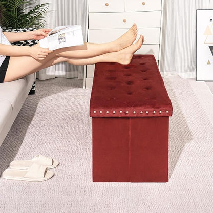 B FSOBEIIALEO Luxury Velvet Fabric Storage Ottoman Bench, Extra Large 140L Toy Chest Storage Boxes Footrest Bench for Bedroom, 43 Inches Red