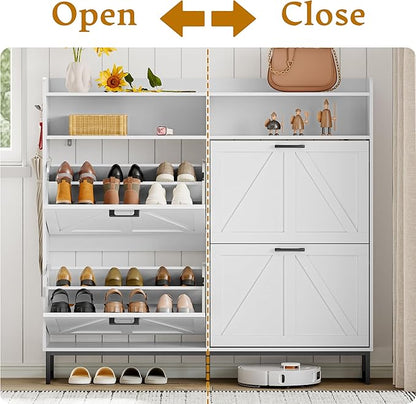 Shoe Cabinet Storage for Entryway, Shoe Storage Cabinet with 4 Flip Drawers, Freestanding Narrow Shoe Rack Organizer with Metal Legs for Foyer, Hallway, White