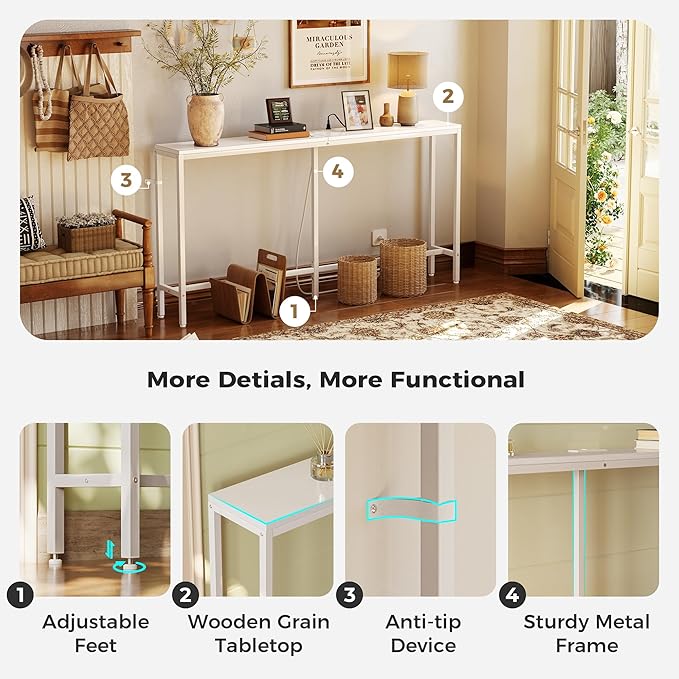 SUPERJARE Console Table with Outlet, 63 Inch Sofa Table with Charging Station, Narrow Entryway Table, Skinny Hallway Table, Behind Couch Table, for Living Room, Plants, White