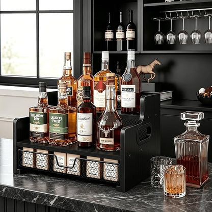 Homode Coffee Syrup Organizer Rack, 3-Tier Syrup Holder Stand with 35 K Cup Storage Drawer, 8 Bottles Capacity, Wood Shelf Liquor Wine Rack for Coffee Bar Countertop, Black