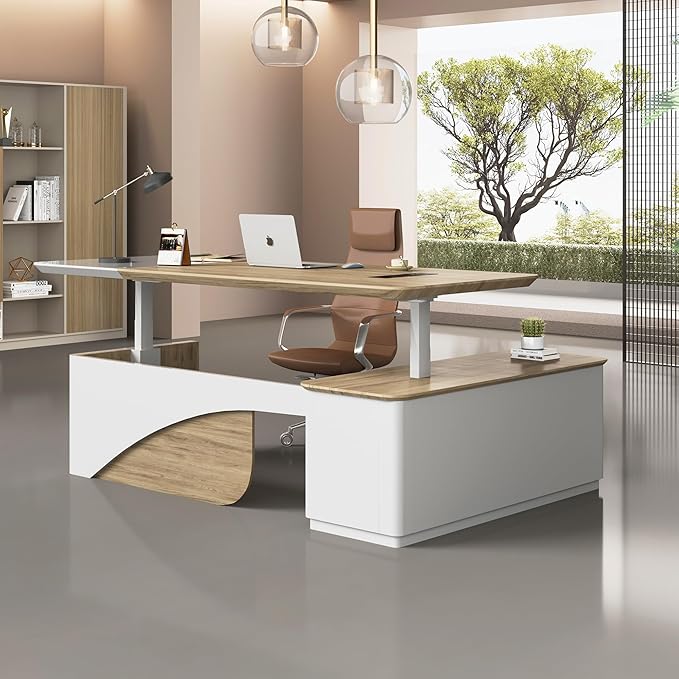 SAINTCY 86" L Shaped Standing Executive Desk with Drawers and Shelves,White Electric Adjustable Height Desk with Charging Station and Privacy Panel for Home and Office, Light Walnut