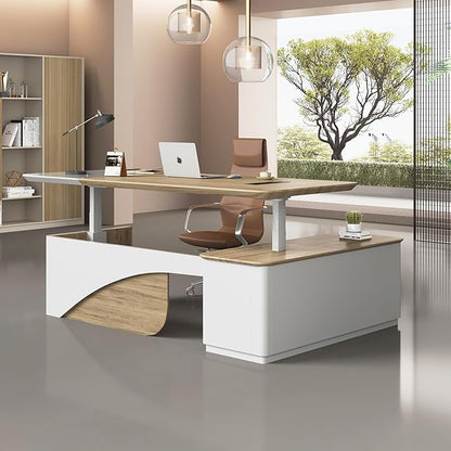 SAINTCY 86" L Shaped Standing Executive Desk with Drawers and Shelves,White Electric Adjustable Height Desk with Charging Station and Privacy Panel for Home and Office, Light Walnut