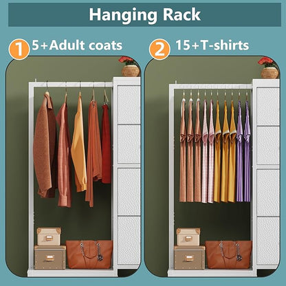 Dresser with Hanging Rack, 4 Drawers Small Closet for Bedroom, Reversible Fabric Kids Chest of Drawers with Clothes Rack, Tall Storage Tower, Sturdy Frame, White, 44''H