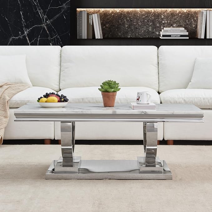 1 Piece Living Room Coffee Table Luxury Faux Marble Center Table, Modern White Silver Coffee Table with Double O Shape Stainless Steel Pedestal Base, 1 Table Only
