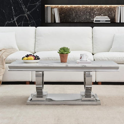 2 Piece Living Room Table Set Include 1 Faux Marble Coffee Table & 1 Console Table, Modern White Silver Coffee Table Set of 2 with Double O Shape Stainless Steel Pedestal Base