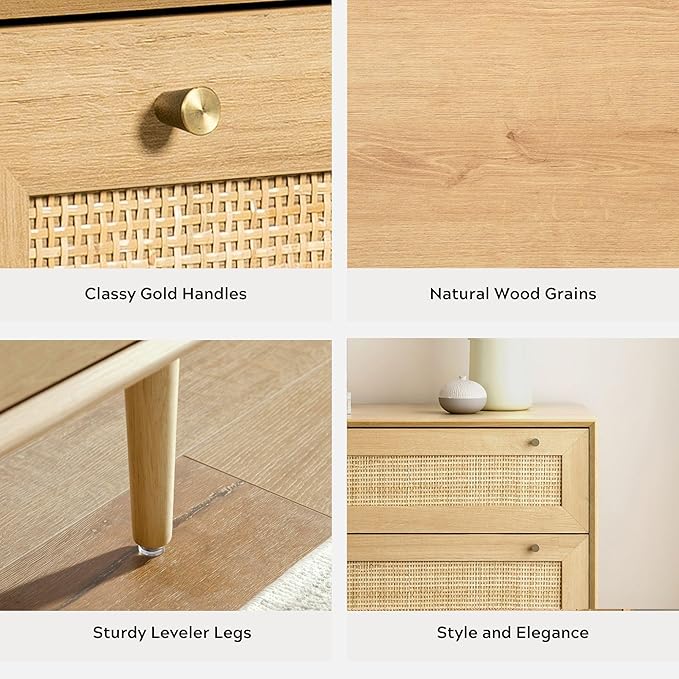 Rattan 6 Drawer Dresser, Modern Closet Dressers of Drawers with Natural Rattan, Boho Dresser Chest, TV Stand of Drawers, Wood Storage Drawer Organizer for Bedroom Living Room Entryway Hallway