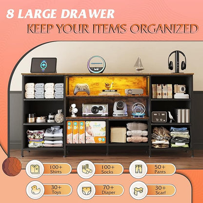 WLIVE TV Stand Dresser for 65,70 inch TV, Entertainment Center with LED Lights & 8 Long Fabric Drawers, Dresser TV Stand for Bedroom and Living Room, Rustic Brown