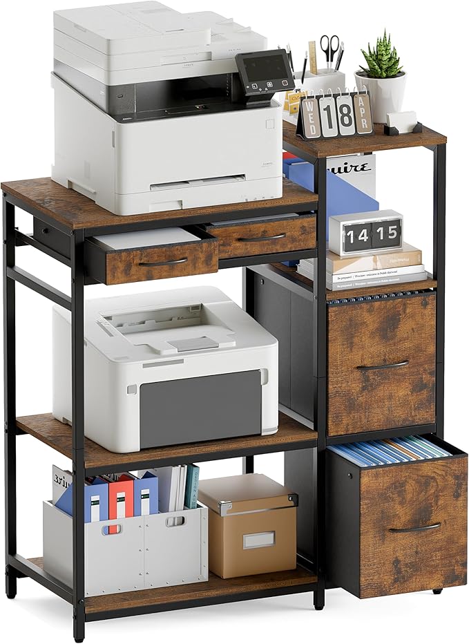 JUSTOGO Printer Stand with 4 Drawer, 43" x 36" x 16" Extra Large File Cabinet with Open Storage Shelf, 5 Tier Printer Table Lateral Filing Cabinet for Home Office, Rustic Brown