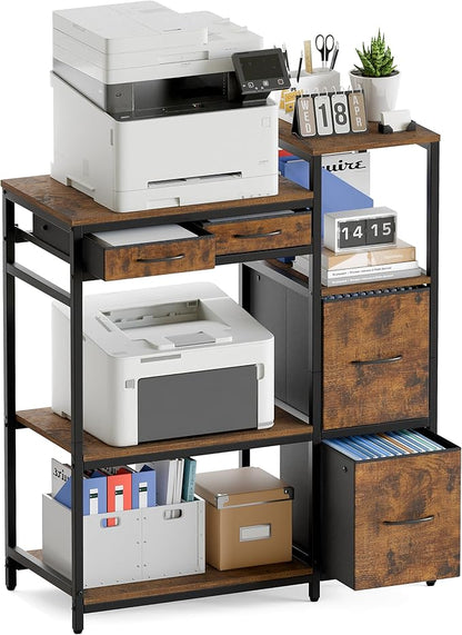 JUSTOGO Printer Stand with 4 Drawer, 43" x 36" x 16" Extra Large File Cabinet with Open Storage Shelf, 5 Tier Printer Table Lateral Filing Cabinet for Home Office, Rustic Brown