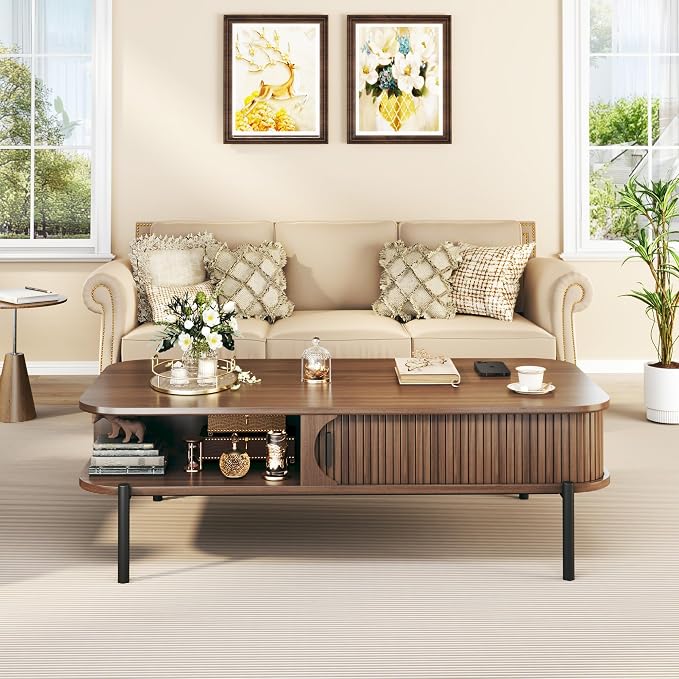 Coffee Table, 47.2" Mid Century Modern Coffee Tables for Living Room, Coffee Table with Storage Open Shelf, Fluted Table with Sliding Cabinet Door, 2-Tier Rustic Wood Desktop, Walnut