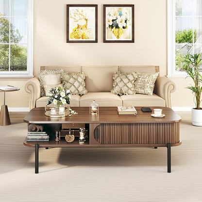 Coffee Table, 47.2" Mid Century Modern Coffee Tables for Living Room, Coffee Table with Storage Open Shelf, Fluted Table with Sliding Cabinet Door, 2-Tier Rustic Wood Desktop, Walnut