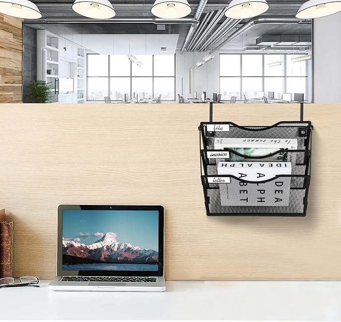 Wall File Organizer 3 Pockets, Mail Organizer, Hanging Folder Holder, Foldable | Hanging or Wall Mounted | Label Panel | 2 Hooks | Office Home School Organizer, Black
