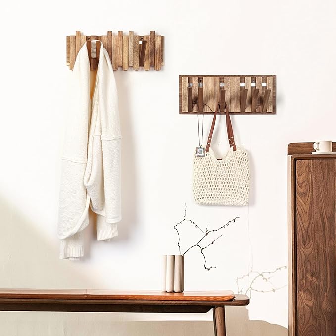 Wall Coat Rack for Entryway: Rustic Wooden Folding 8 Hooks Mount 16.5inch Decorative Piano Hanger for Farmhouse Hallway Bathroom for Towel Backpack Jacket (Staggered Style)