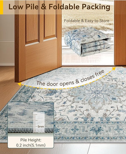 RELEANY Area Rugs Small 2'x4' Washable Non-Slip, Floral Vintage Distress Medallion Carpet for Kitchen Entryway Bathroom, Light Blue Navy Gray White