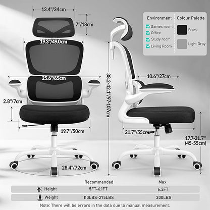 High Back Ergonomic Office Chair, Breathable Mesh Desk Chair with Lumbar Support, Adjustable Headrest, Flip-up Armrests, Computer Gaming Chair, (White, 1Pack)