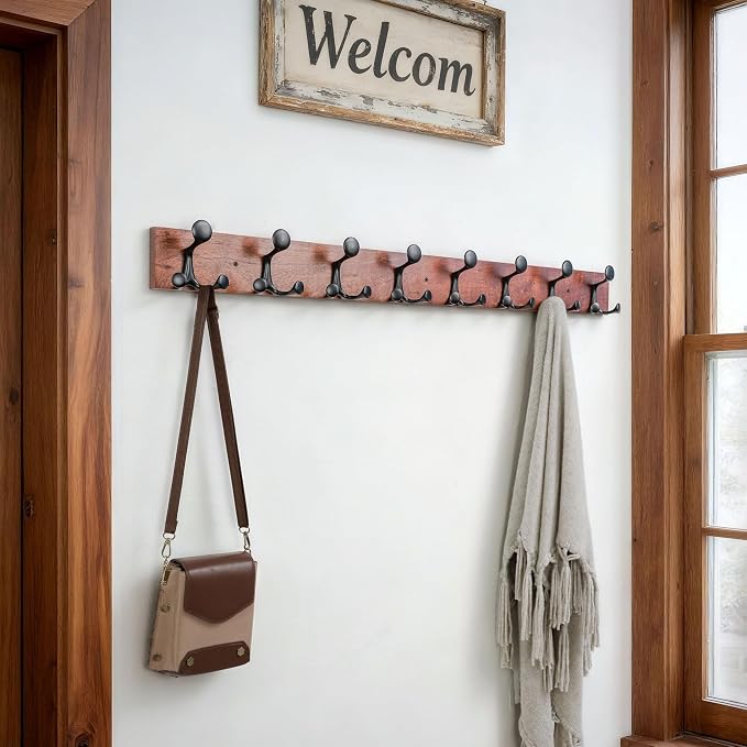 SKOLOO 43-Inch Wood Coat Rack Wall Mount with 8 Triple Hooks - Ideal for Family Entrances, Classrooms, and Pet Supplies Storage - Perfect Coat Hooks for Wall,Mahogany (Sapele), Pack of 2
