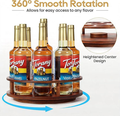 THYGIFTREE Rotating Coffee Syrup Organizer for Countertop, 9-Bottle Wooden Syrup Rack & Bottle Holder for Coffee Bar Station, Turntable Display Stand, Brown