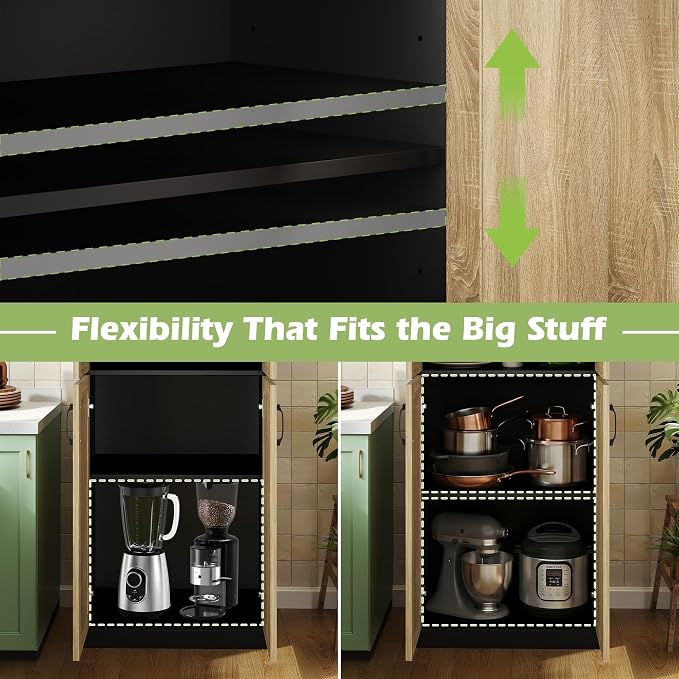JASIWAY Kitchen Pantry Cabinet, 67" Tall Rattan Storage Cabinet with Doors and Adjustable Shelves, Wooden Linen Pantry Cupboard for Small Spaces Laundry Room Bathroom, Food Snack Towels Storage, Black