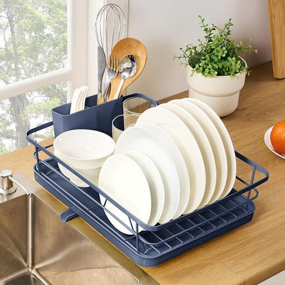 Dish Drying Rack 3 Piece Dish Drainer with Drainboard Set for Kitchen Counter – Dish Rack with Removable Utensil Holder & Swivel Spout for Countertop – DishRack for Plates, Cups & More, Navy