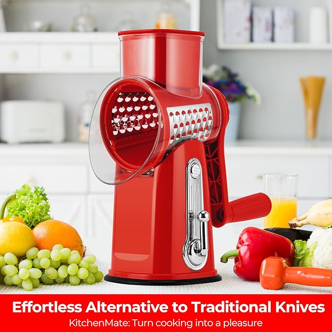 SUSTEAS Rotary Cheese Grater with Handle - Vegetable Shredder with 5 Well-designed Blades & Strong Suction Base,Round Mandoline Slicer & Food Chopper for Kitchen,with Blade Storage Box(Red)