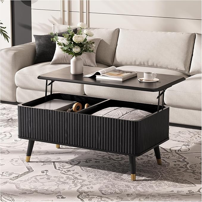 SULIVES Lift Top Coffee Table with Storage,Fluted Coffee Table with Lifting Top,Mid Century Modern Center Table with Solid Wood Legs,Small Coffee Tables for Living Room,Black