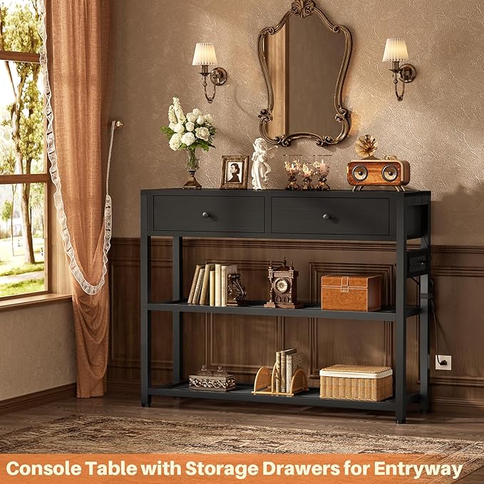 Ecoprsio Entryway Table with Outlets and USB Ports, Console Table with 2 Drawers, Small Sofa Table with Storage Shelves for Living Room, Couch, Hallway, Foyer, Kitchen Counter, 32'', Black