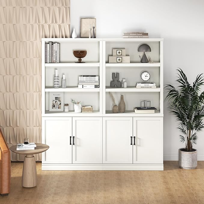 70 Inch Tall Bookcase with Doors, Library Office Bookshelf with Adjustable Shelves, Floor Standing Book Cabinet Shelves for Living Room Bedroom with Anti Tipping Kit, Soft White Finish
