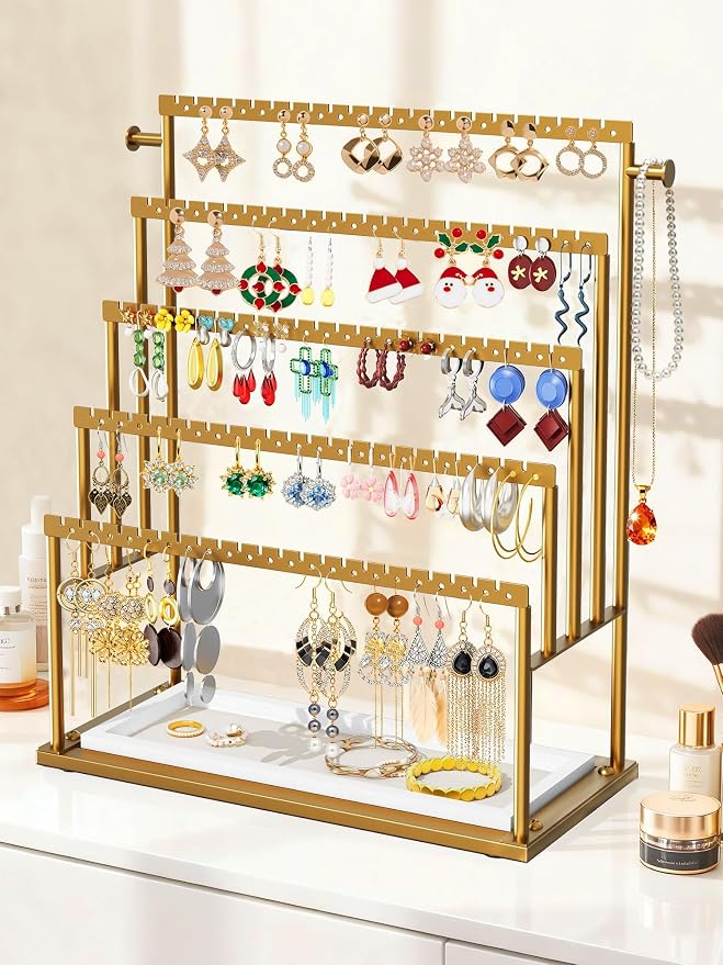 Earring Holder Organizer Gold, 5-Tier Jewelry Display Stand with Elegant Gold Metal Frame and Wooden Tray, Large Earring Holder for Studs, Hoops, Dangles, Decorative Jewelry Organizer for Women