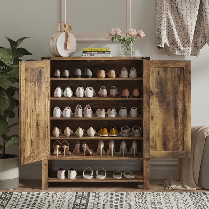 Maupvit 6-Tier Shoe Cabinet with Doors, Farmhouse Shoe Storage Cabinet with Adjustable Shelves, Shoe Shelf, Wooden Shoe Rack Organizer Cabinet for Entryway, Foyer, Hallway, Living Room, Brown