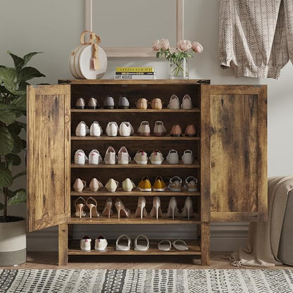 Maupvit 6-Tier Shoe Cabinet with Doors, Farmhouse Shoe Storage Cabinet with Adjustable Shelves, Shoe Shelf, Wooden Shoe Rack Organizer Cabinet for Entryway, Foyer, Hallway, Living Room, Brown