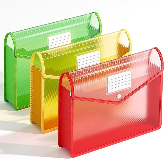 XingDuing 3 Pack Plastic Expanding File Folder, Transparent envelopes with Snap Closure, Fit Legal/B4 Size for School/Office/Home/Hospital, No Dividers, Large Capacity-3 Colors