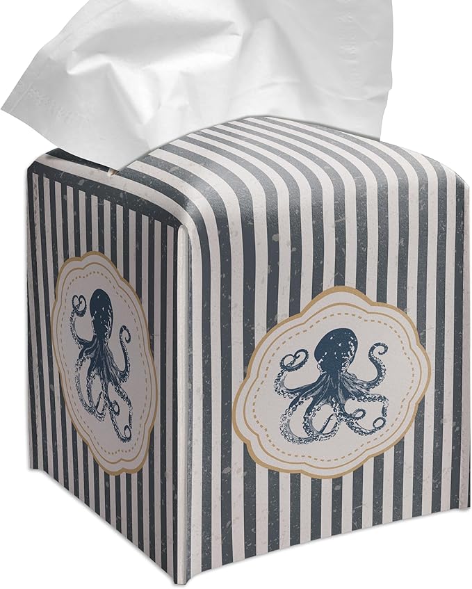 Grace Yonks Cute Octopus Tissue Box Cover Square, Striped Cube Case for Facial Tissues, 5.2" PU Leather(066)