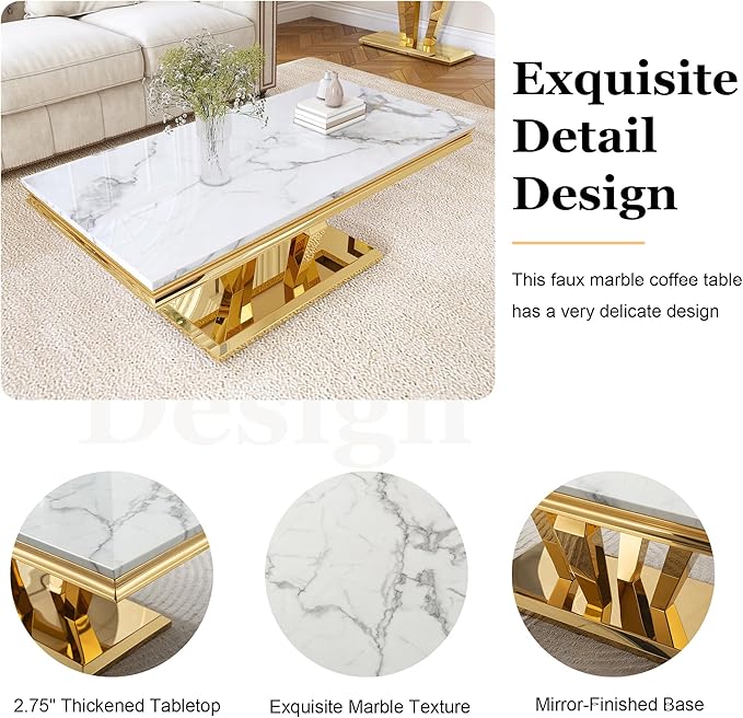 Modern Marble Coffee Table, 47" Living Room Table with Diamond-Shape Stainless Steel Base and Thickened Faux Marble Top for Living Room, Bedroom, Lounge (Gold,White)