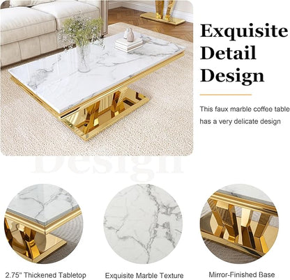 Modern Marble Coffee Table, 47" Living Room Table with Diamond-Shape Stainless Steel Base and Thickened Faux Marble Top for Living Room, Bedroom, Lounge (Gold,White)