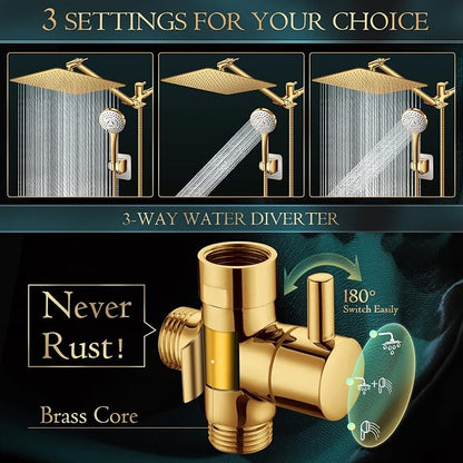 Shower Head,12'' Rain Shower Head with 11'' Adjustable Extension Arm and 5 Settings High Pressure Handheld Shower Head Combo,Powerful Shower Spray Against Low Pressure Water-Brushed Gold