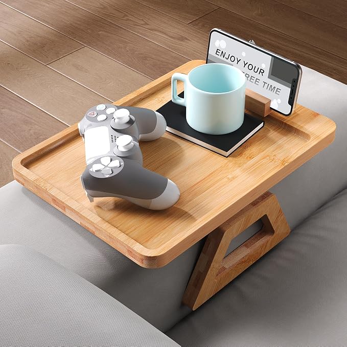 Couch Arm Tray with 360°Phone,Bamboo Folding Sofa Tray,Sofa Armrest Trays Clip-On Couch Desk for Drinks,Snacks,Phone,Remote Control（Natural）